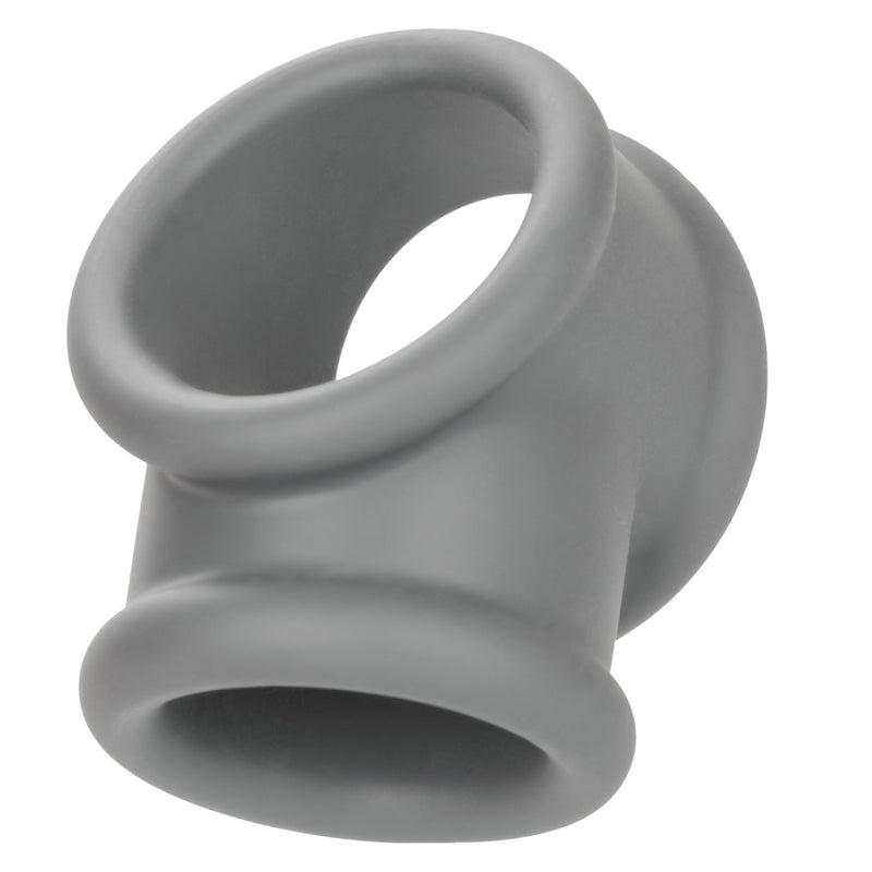 CalExotics Alpha Liquid Silicone Precision Ring: gray dual cock ring with a wide scrotum support band