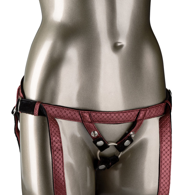CalExotics Her Royal Harness Regal Duchess: textured metallic strap-on harness with O-ring, worn on a mannequin