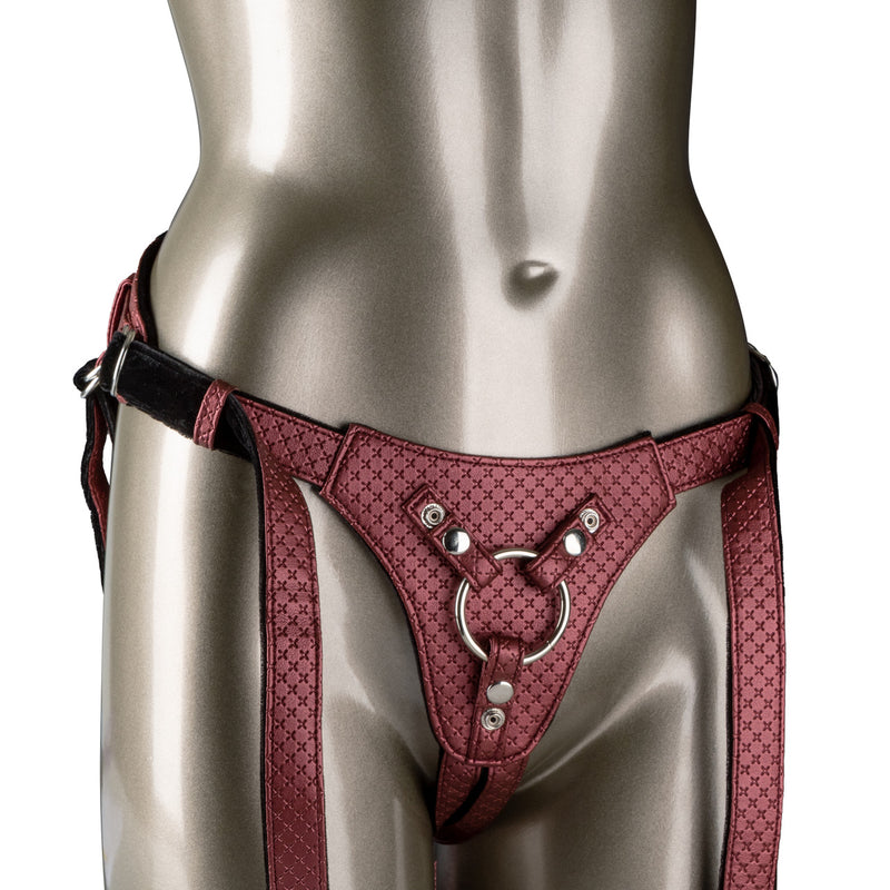 CalExotics Her Royal Harness The Regal Queen in bronze: textured strap-on harness with an O-ring, on a mannequin