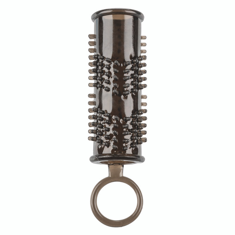 CalExotics Pleasure Enhancer Sleeve: smoke gray nubbed open-end penis extension sleeve with a scrotum support ring