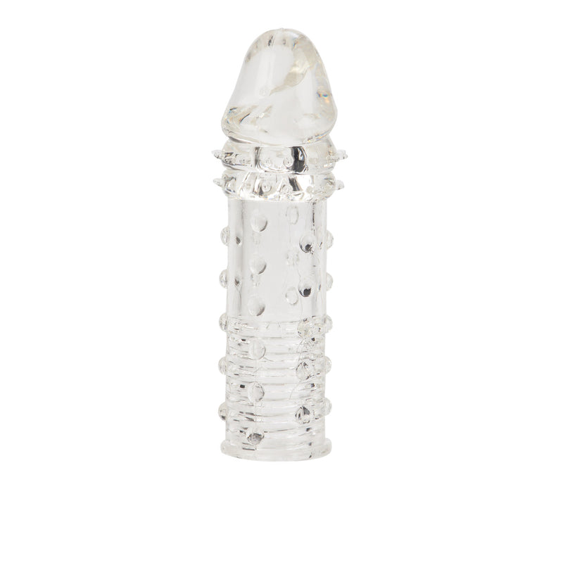 CalExotics Adonis Extension in clear: translucent penis extension sleeve that adds 2 in, with nubs and ridges