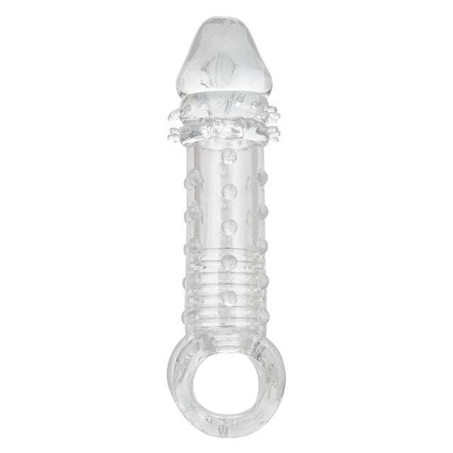 CalExotics Ultimate Stud Extender in clear: studded and ribbed penis extender sleeve with a ball loop