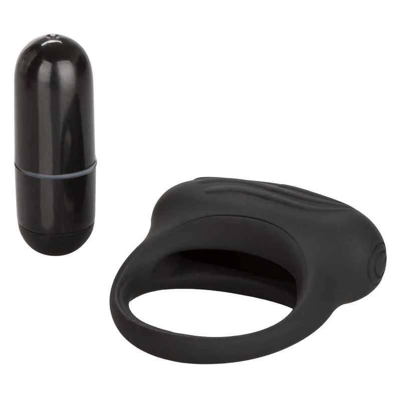 CalExotics Lovers Arouser: black silicone vibrating cock ring with a ridged top and removable black bullet