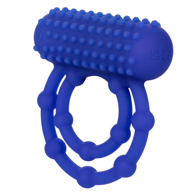 CalExotics 10 Bead Maximus Ring in blue: rechargeable vibrating silicone double cock ring with beads and a nubbed teaser