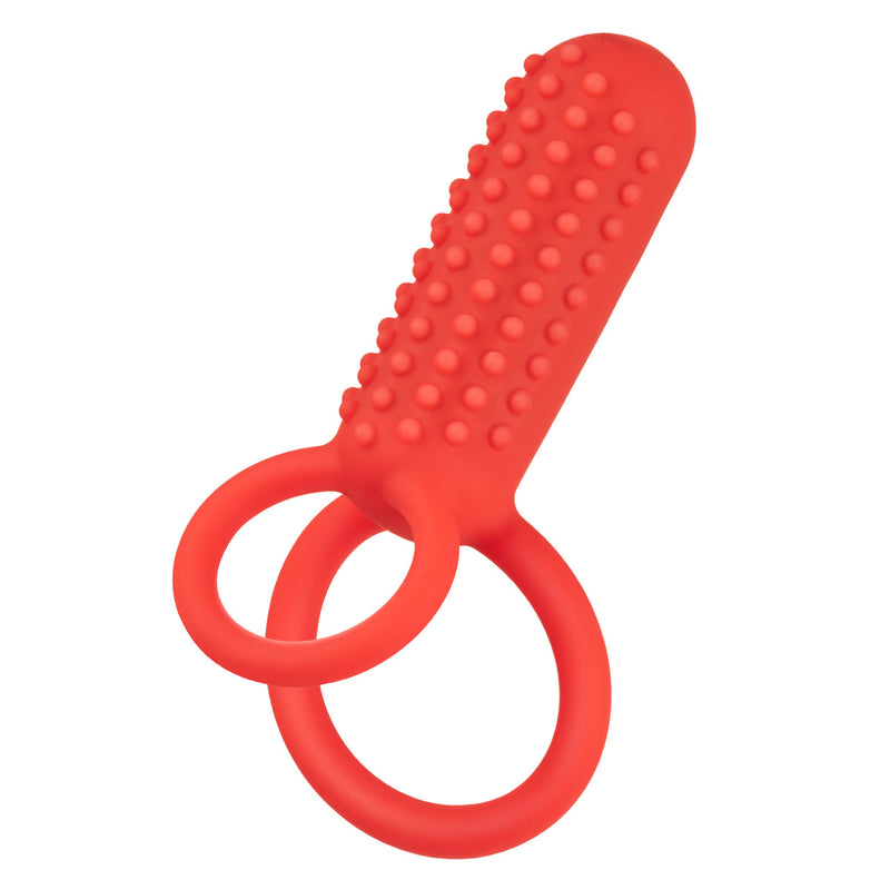 CalExotics Silicone Rechargeable Vertical Dual Enhancer in red: vibrating dual cock ring with a nubbed vertical teaser