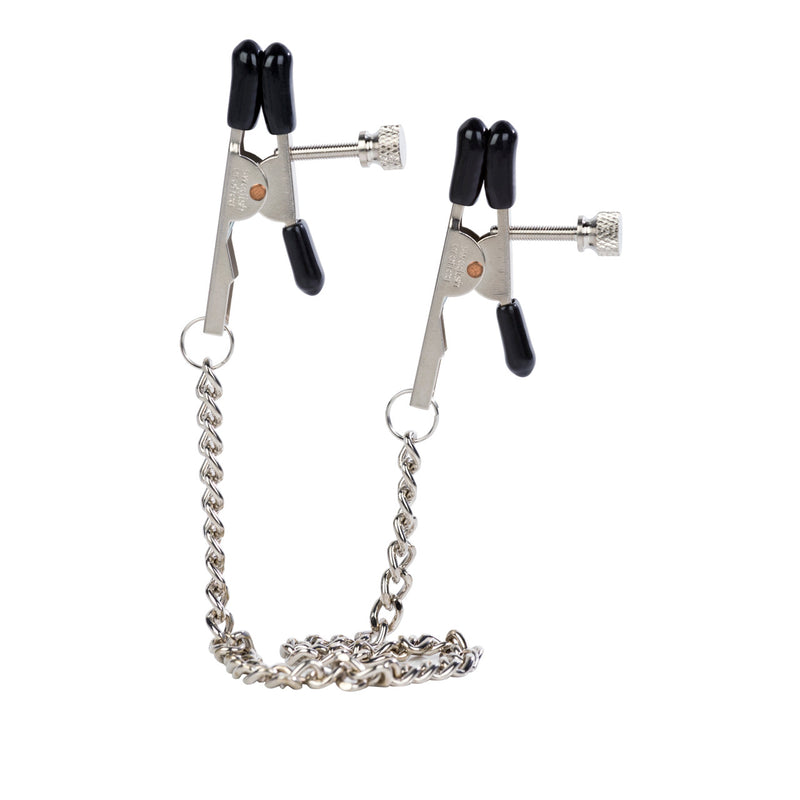 CalExotics Nipple Play Bull Nose Nipple Clamps: adjustable silver clamps with black rubber tips joined by a chain