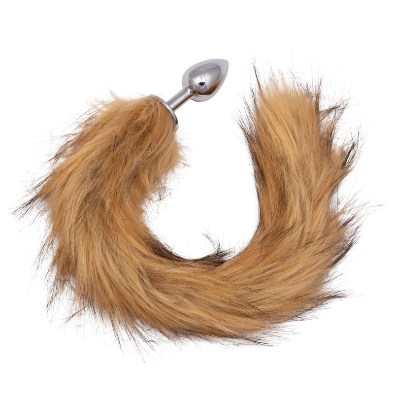 CalExotics Running Wild Tail in brown: chrome metal anal plug with a long fluffy faux fur fox-style tail