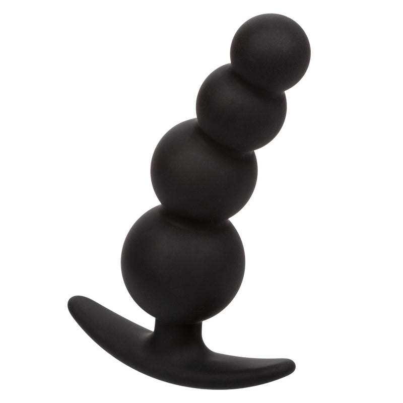 CalExotics Boundless Beaded Plug: black silicone anal plug with 4 graduated beads and a curved pull handle base