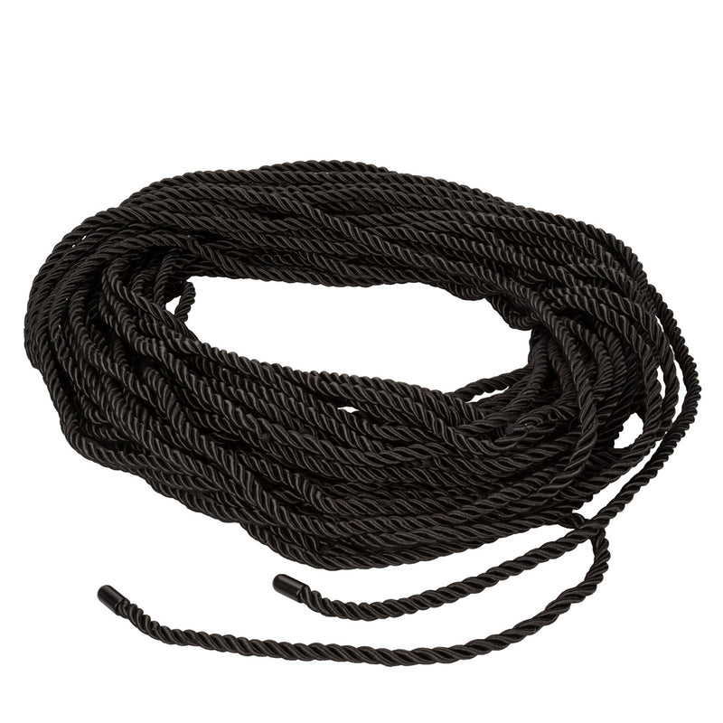 CalExotics Scandal BDSM Rope 30 m in black: coiled silky twisted bondage rope with capped ends, 98 ft long