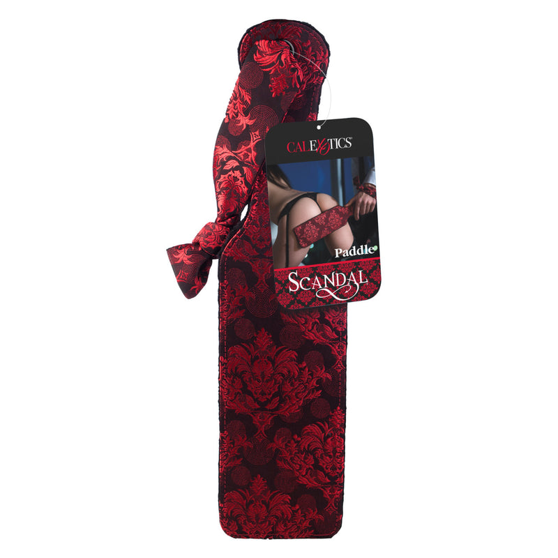 CalExotics Scandal Paddle: red and black brocade spanking paddle with a tied fabric handle loop and Scandal hang tag