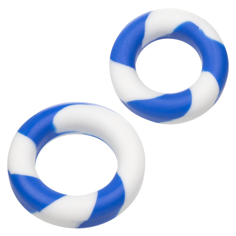 CalExotics Admiral 2 Ring Set: two blue and white striped silicone cock rings in graduated sizes