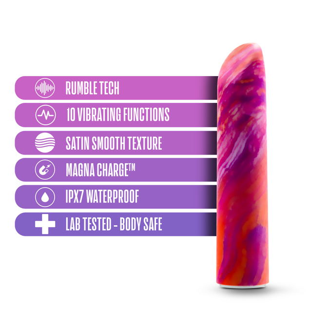 Blush Limited Addiction Fiery: orange, pink and purple swirled bullet vibrator with an angled tip. Rumble Tech, 10 functions