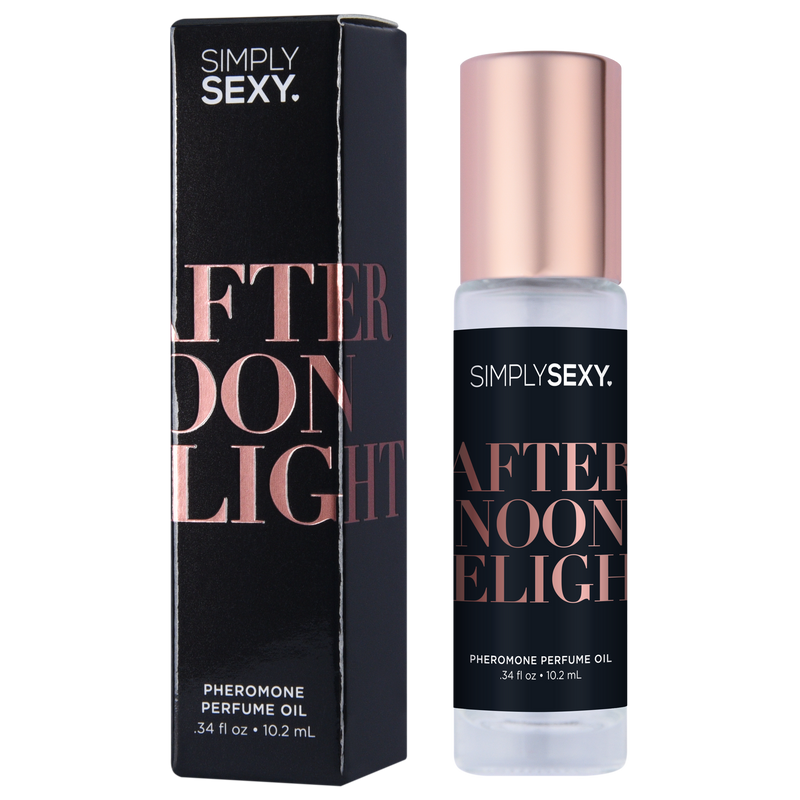 Simply Sexy Afternoon Delight Pheromone Perfume Oil, 0.34 oz: roll-on bottle with a rose gold cap beside its black box