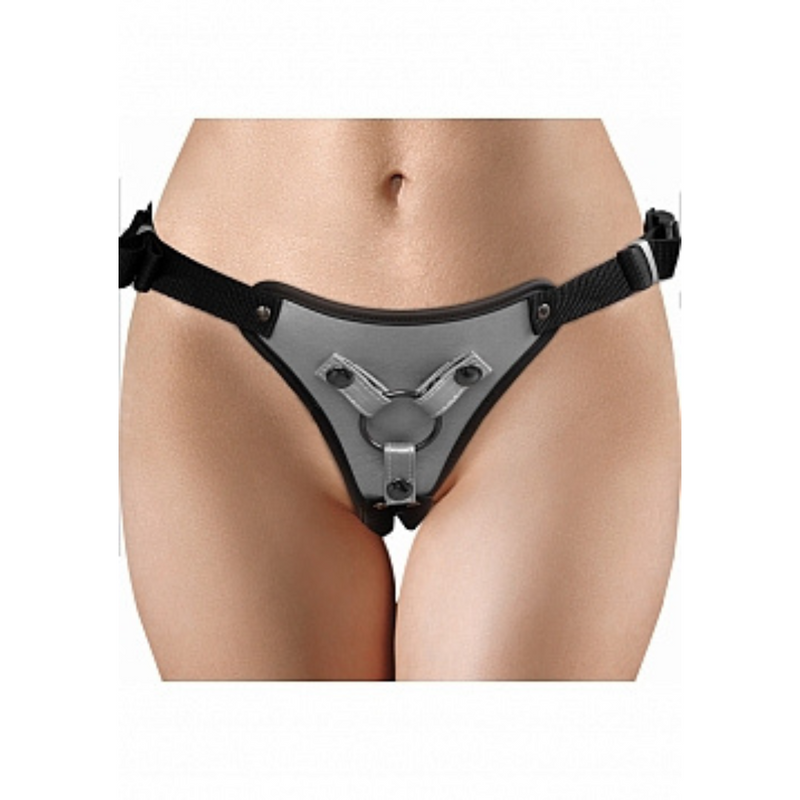Metallic Strap-on Harness in silver: black strap harness with a metallic silver front panel and O-ring, worn on a model