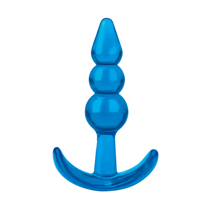 Blue Line beginners beaded anal plug 3.5 in: small blue jelly plug with three beads and an anchor base
