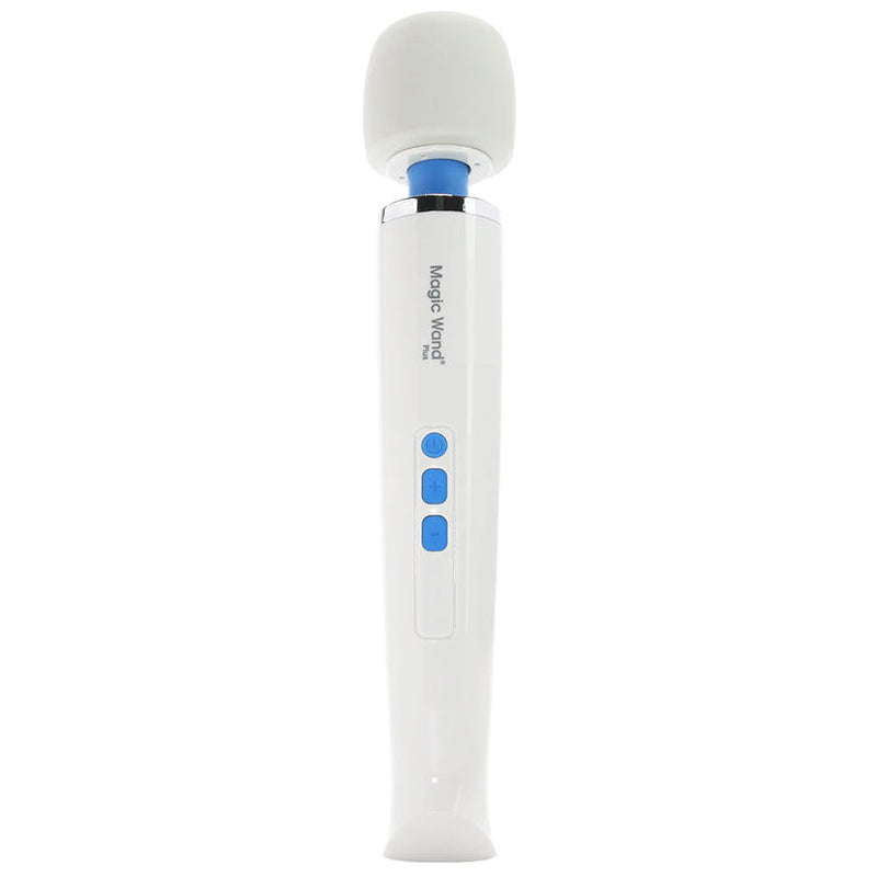 White wand vibrator labelled Magic Wand Plus, with a gray head, blue neck and three blue buttons