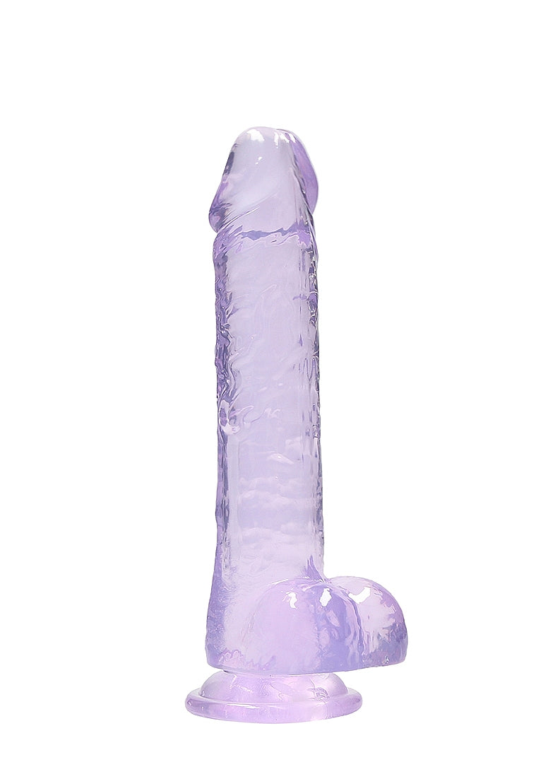 RealRock 8 inch dildo in purple: clear purple realistic veined dildo with balls and a suction cup, angled side view