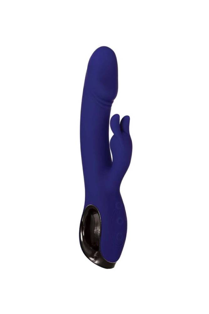 Evolved Bunny Buddy in blue: navy silicone rabbit vibrator with a curved shaft, bunny ears and a ring handle
