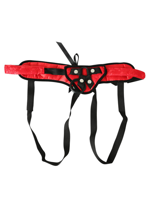 Sportsheets Red Lace Corsette Strap-On: red lace strap-on harness with black trim, O-ring, snaps and leg straps