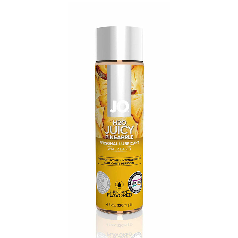 JO H2O Juicy Pineapple, 4 oz: water-based flavored lubricant in a clear bottle with a yellow pineapple label