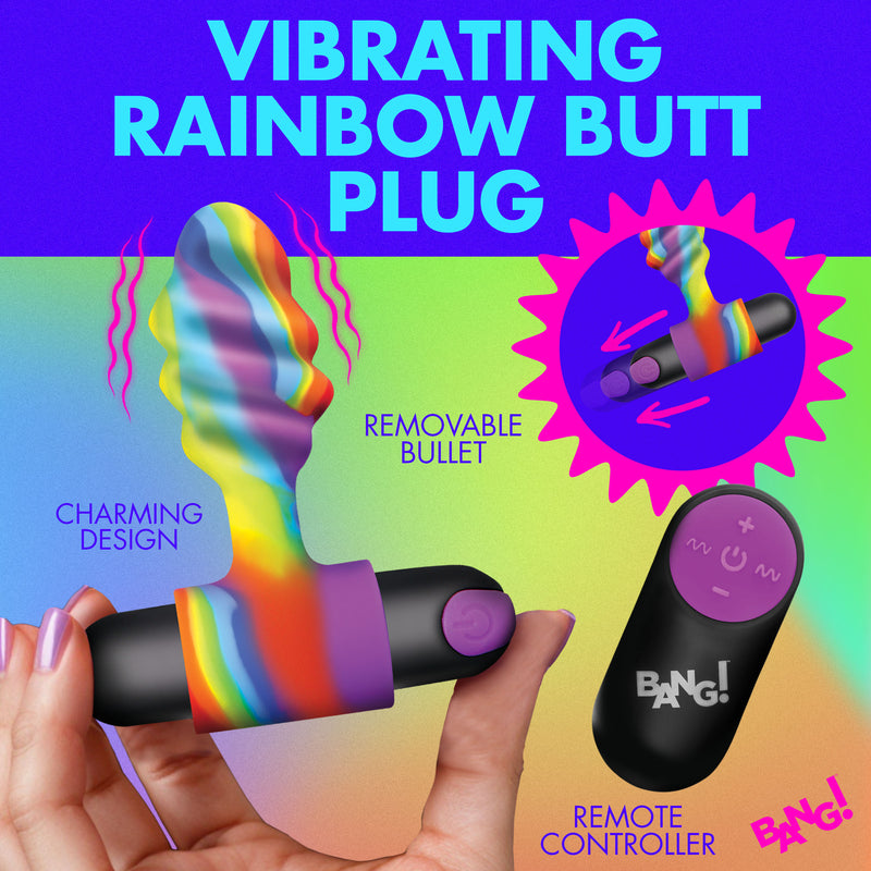 Bang! Vibrating Rainbow Butt Plug: swirled rainbow silicone plug with removable black bullet and remote controller