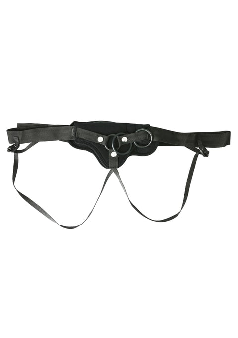 Sportsheets Divine Diva Plus Size Strap-On: black strap-on harness with an O-ring, snaps and adjustable leg straps