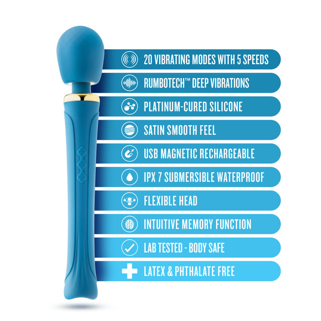 Blush Dianna Wand in teal: silicone wand massager with a flexible head, gold accent ring and long handle. 20 modes, IPX7