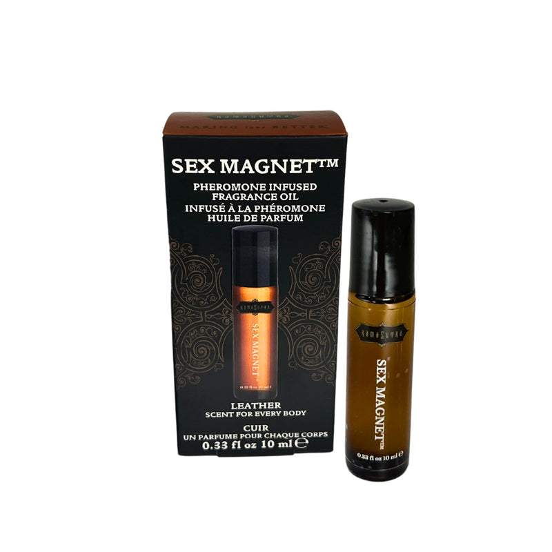 Kama Sutra Sex Magnet Pheromone Fragrance Oil in Leather: 10 ml roll-on bottle beside its black box