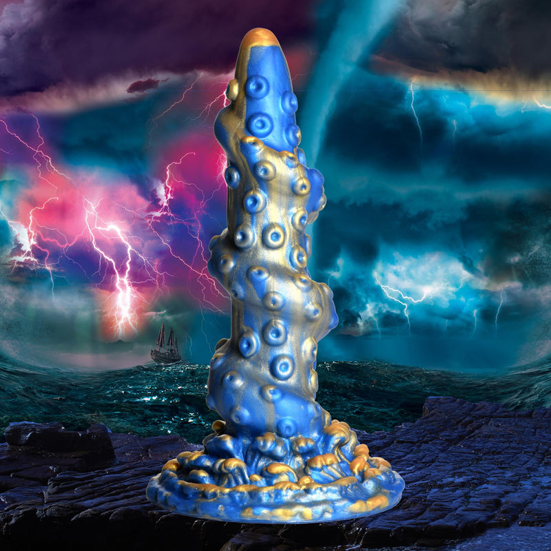 Creature Cocks Kraken silicone dildo: blue and gold tentacle fantasy dildo with suckers and a wide suction base