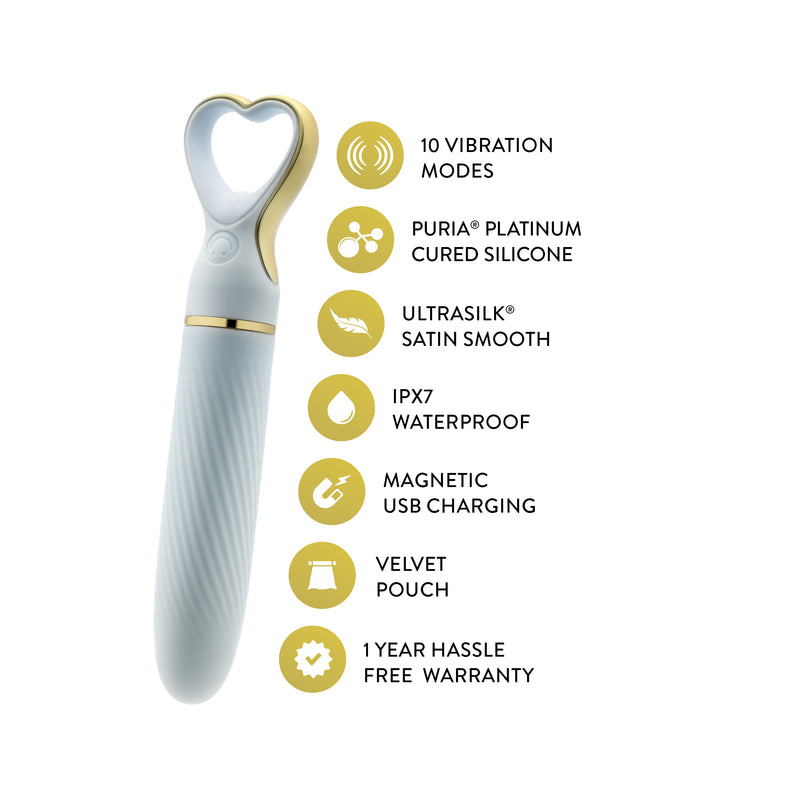 Blush Delice Heartthrob: light blue swirl-textured silicone vibrator with a gold-trimmed heart-shaped handle