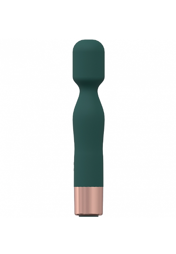 Loveline Glamour mini wand vibrator in dark green: round silicone head, curved handle and rose gold base