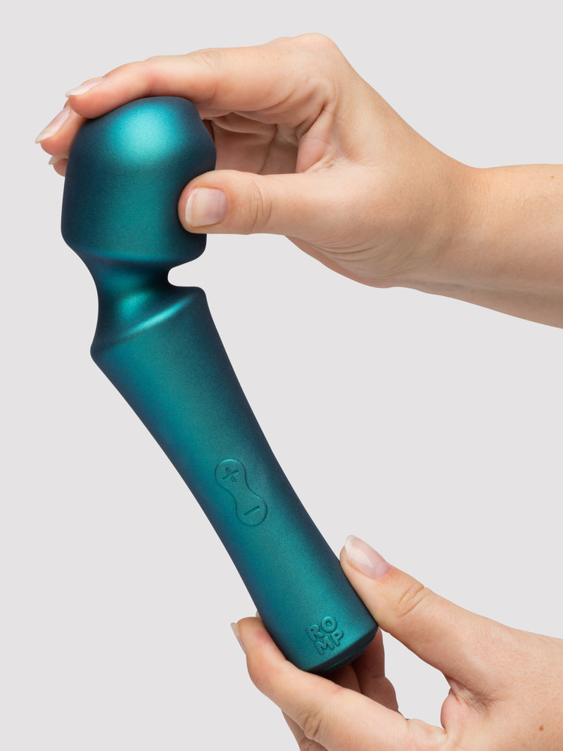 Teal Romp Presto wand vibrator held in two hands with the head bent to show its flexible neck