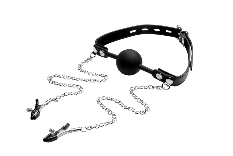 Strict ball gag with nipple clamps: black silicone ball on a locking strap, chained to adjustable nipple clamps