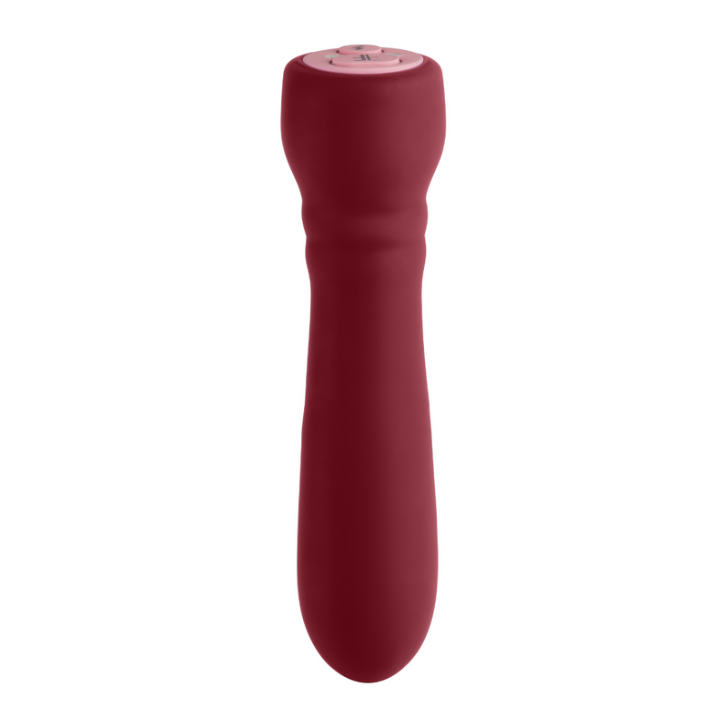 FemmeFunn Booster Bullet in maroon: silicone bullet vibrator with a ridged neck and a pink button end