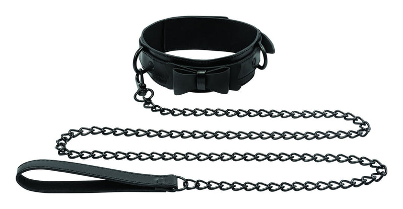 Sportsheets Sincerely Bow Tie Collar and Leash: black faux leather collar with a bow and a black chain leash