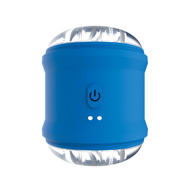 Nasstoys The Royale Masturbator Cylinder in blue: rechargeable vibrating stroker with clear textured openings at both ends