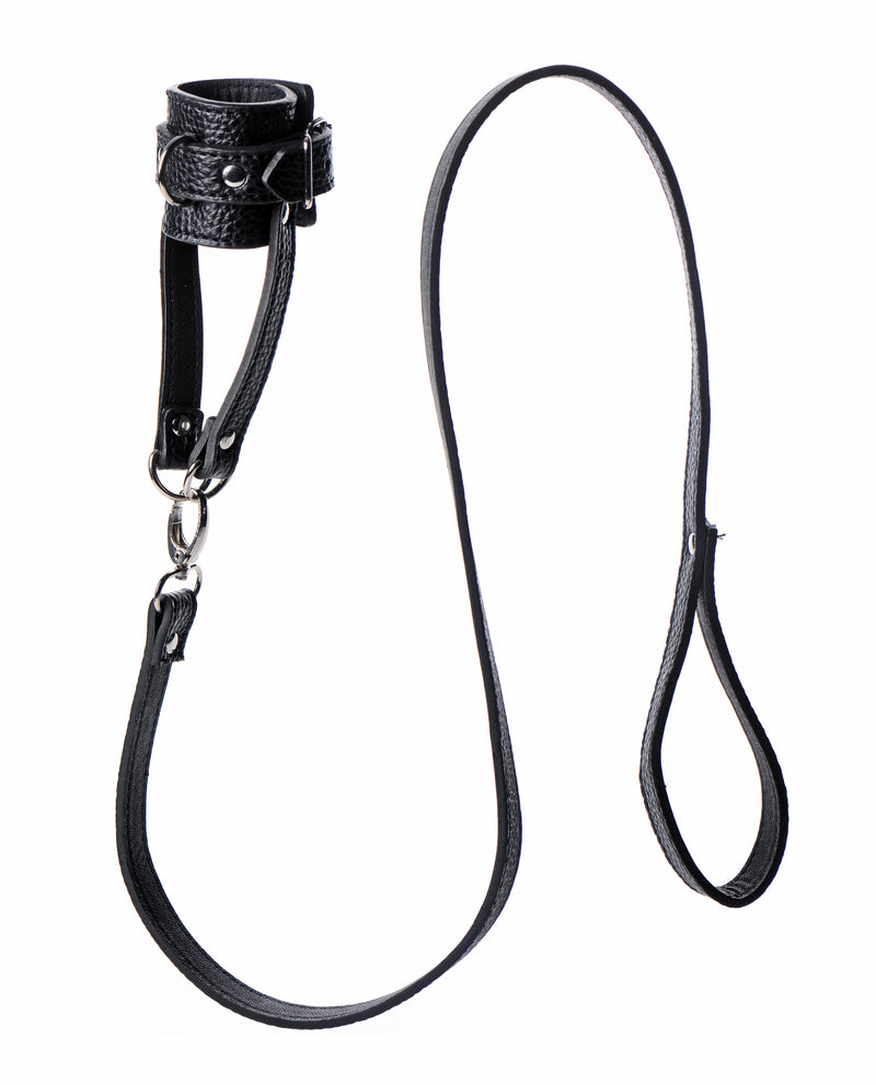 Strict ball stretcher with leash: black vegan leather buckled stretcher with a D-ring and a long looped leash