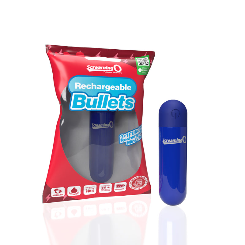 Screaming O Rechargeable Bullet in blue: blue bullet vibrator beside its package