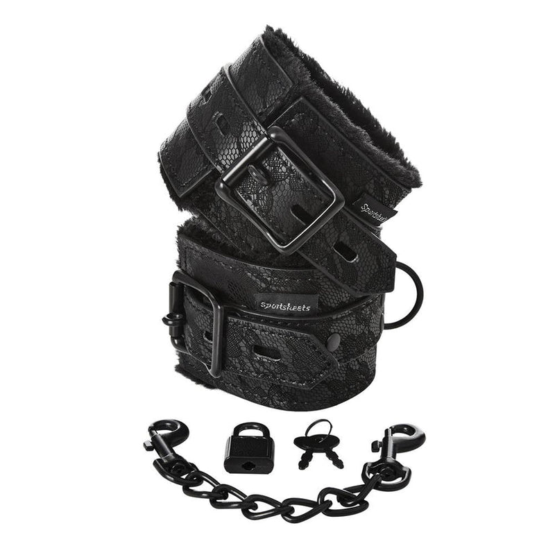 Sportsheets Sincerely Lace Locking Cuffs: black lace fur-lined cuffs with buckles, a chain connector, padlock and keys