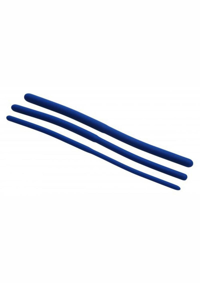 Master Series Invasion sound trainer: three flexible blue silicone urethral sounds in graduated sizes
