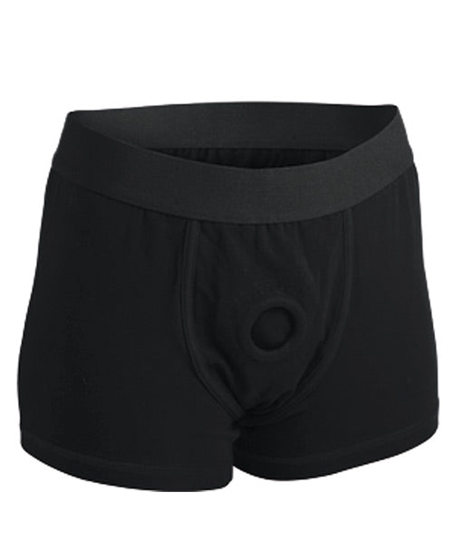 Mod Active strap-on harness boxer briefs in black cotton with an elastic waistband and front O-ring, size M/L