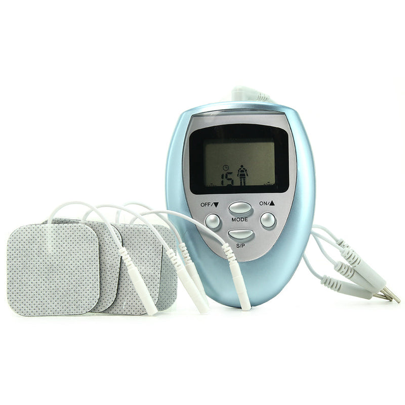 Zeus Power Box electro stim system: light blue handheld unit with LCD screen, lead wires and four adhesive pads