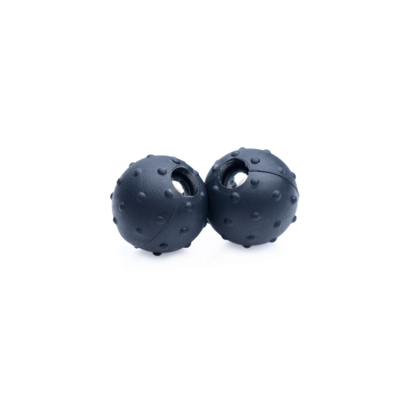 Master Series Dragon's Orbs magnetic nipple toys: two black nubbed silicone-coated magnetic balls