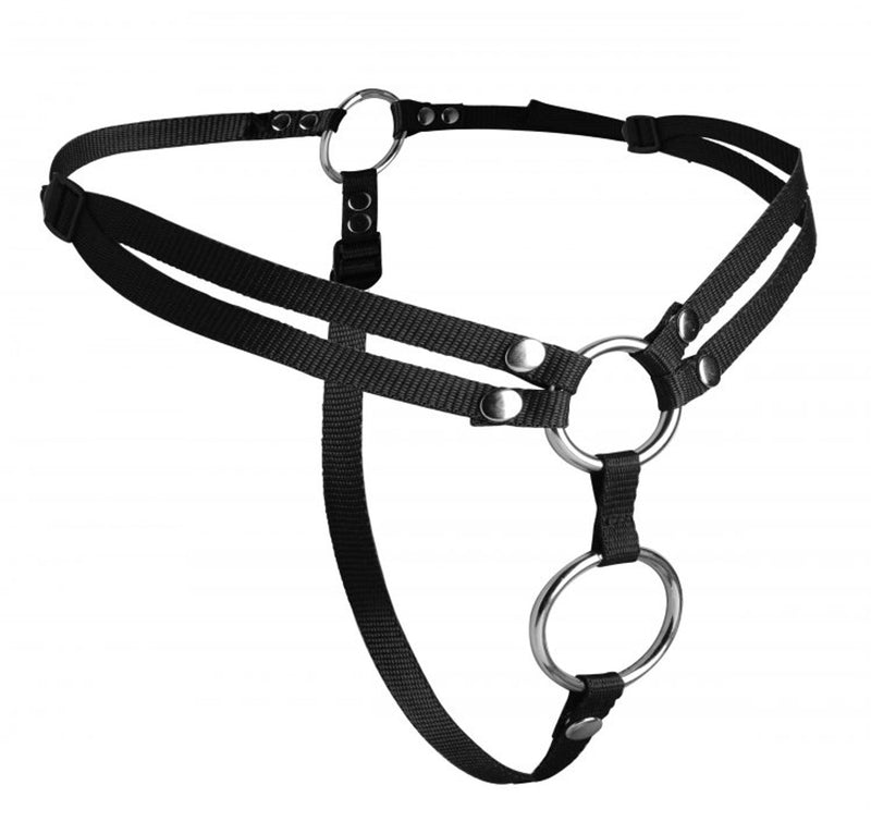 Unity double penetration strap-on harness: black adjustable nylon straps with two stacked metal O-rings