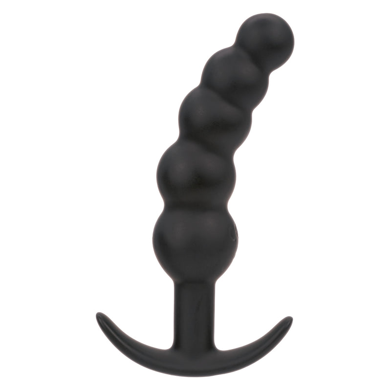 CalExotics Boundless Vibrating Beaded Plug: black silicone rechargeable anal plug with 5 beads and a curved anchor base