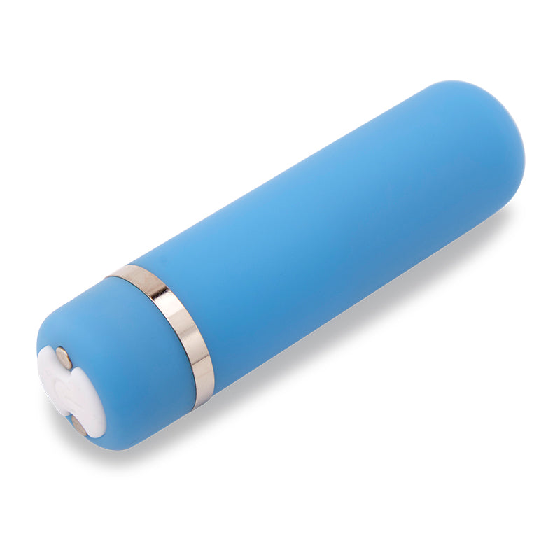 Nu Sensuelle Joie bullet in blue: rechargeable silicone bullet vibrator with a chrome band