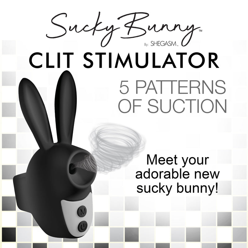 Shegasm Sucky Bunny clit stimulator in black: bunny-ear suction toy with 5 patterns of suction