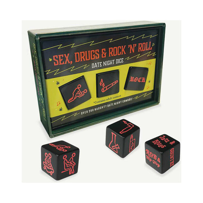 Sex, Drugs and Rock 'n' Roll Date Night Dice: boxed game with three black dice printed in red, over 200 combos