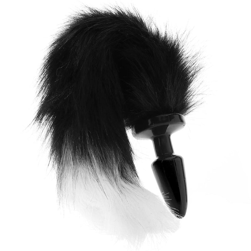 Tailz fox tail anal plug: glossy black tapered plug with a long black and white faux fur tail