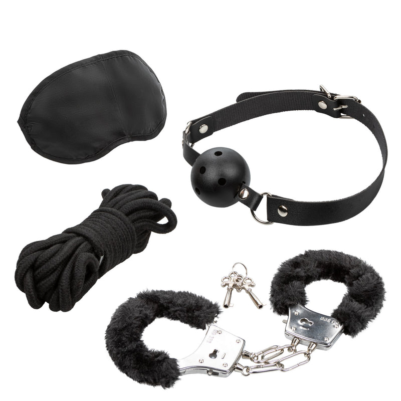 CalExotics Pleasure Kits Explorer Collection: black satin eye mask, ball gag, rope and furry handcuffs with keys